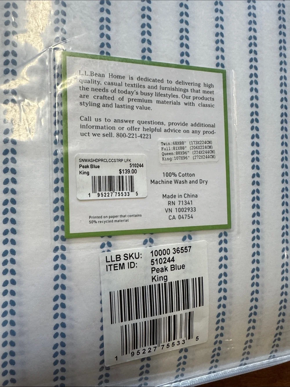 L.L. Bean White Percale Bedding Comforter Cover